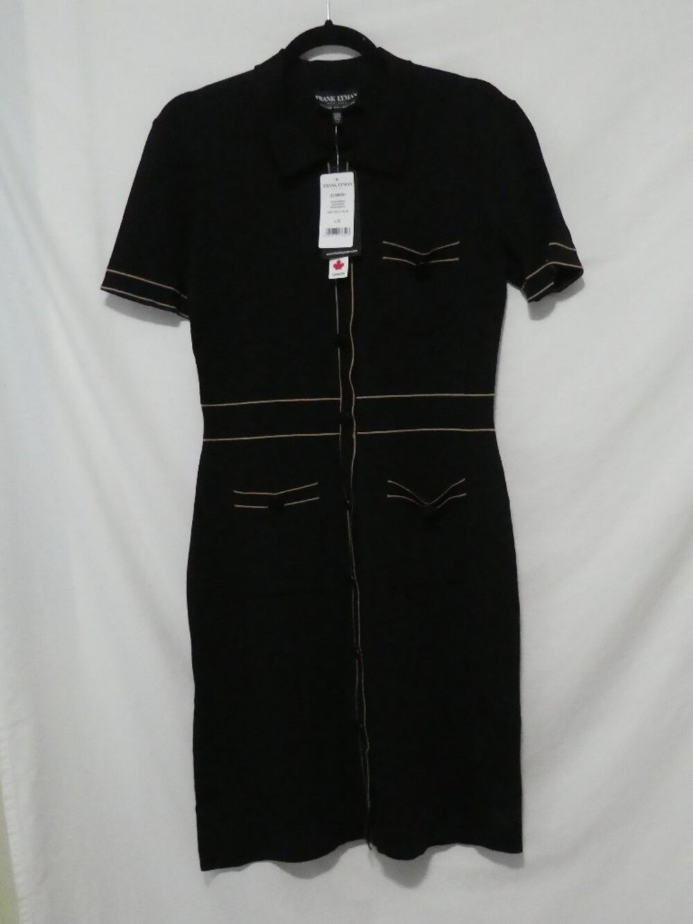 NWT FRANK LYMAN MONTREAL Black Knit Midi Shirt Dress Gold Contrast Trim - large
